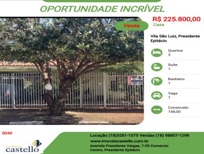 Casa para Venda, em Presidente Epit�cio, bairro Vila S�o Luiz, 3 dormit�rios, 1 banheiro, 1 su�te, 1 vaga